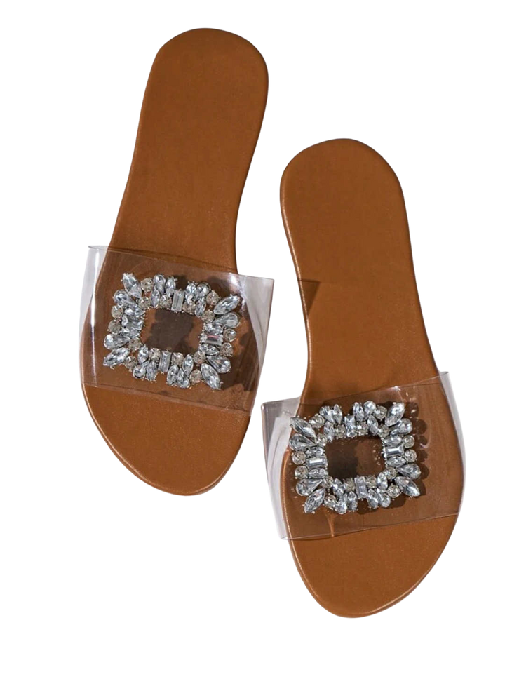 Widefit Curvy Soles Chie - Clear with Rhinestone Strap Flats