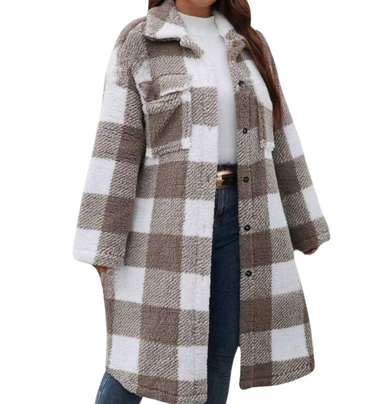 Plus Size Outerwear Mahara - Plaid Print Teddy Coat