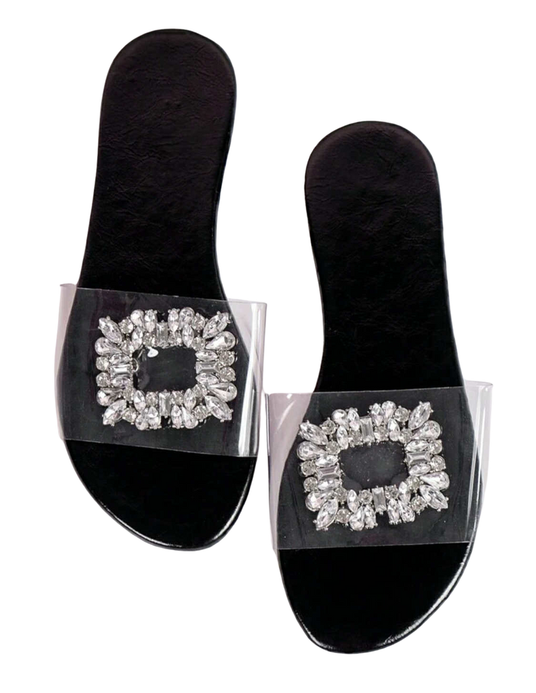 Widefit Curvy Soles Chie - Clear with Rhinestone Strap Flats