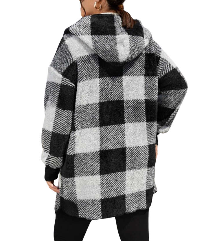 Plus Size Outerwear Korinne - Hooded Plaid Print Teddy Coat