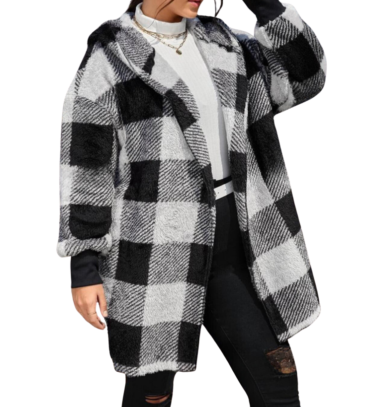 Plus Size Outerwear Korinne - Hooded Plaid Print Teddy Coat