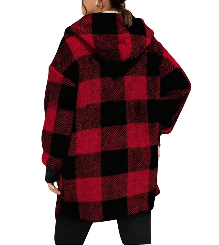 Plus Size Outerwear Korinne - Hooded Plaid Print Teddy Coat