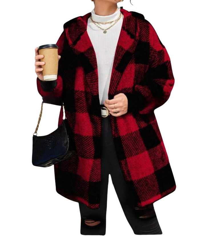 Plus Size Outerwear Korinne - Hooded Plaid Print Teddy Coat